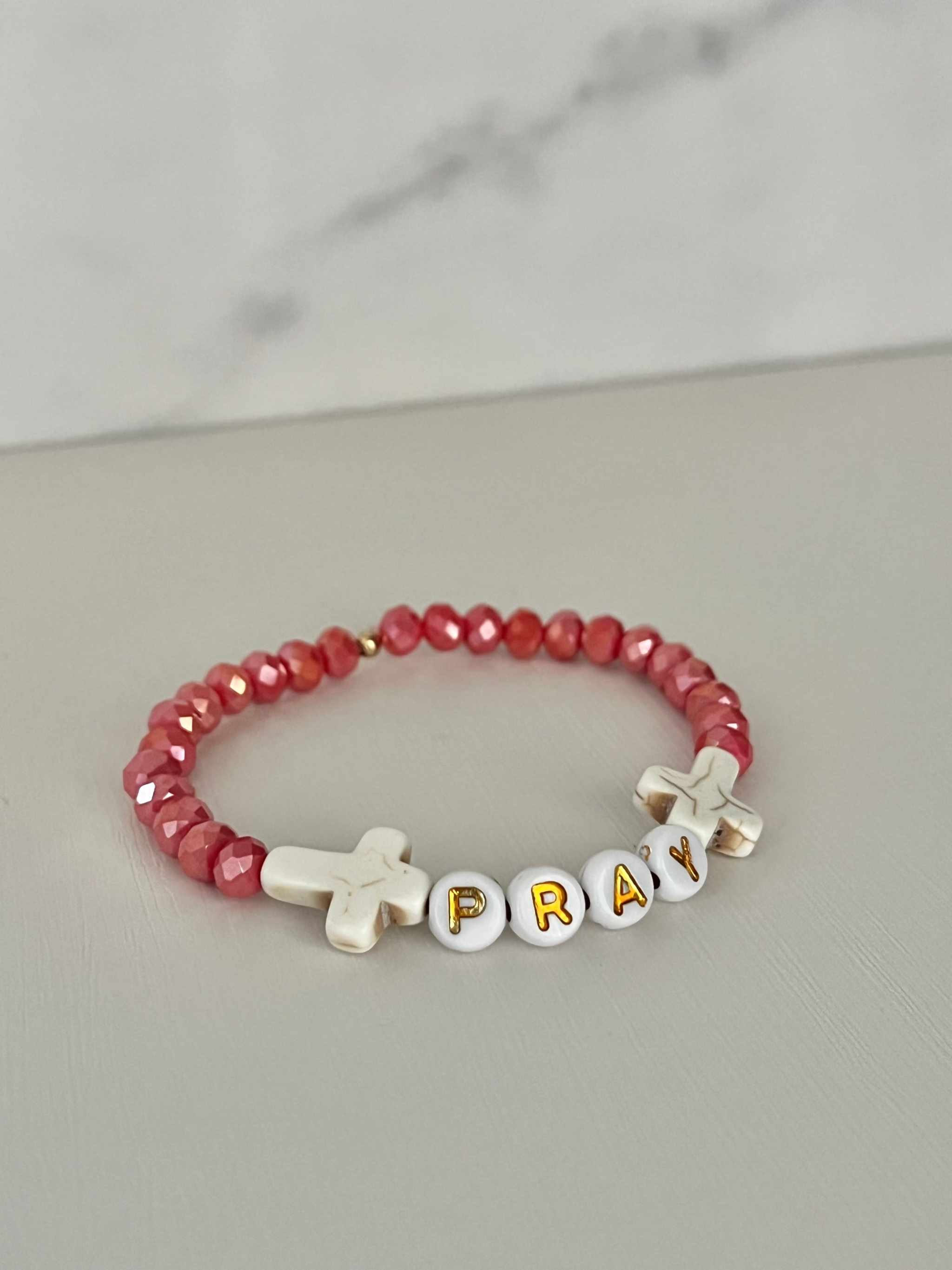 Red Faceted PRAY Beaded Bracelet - Handmade Christian Jewelry
