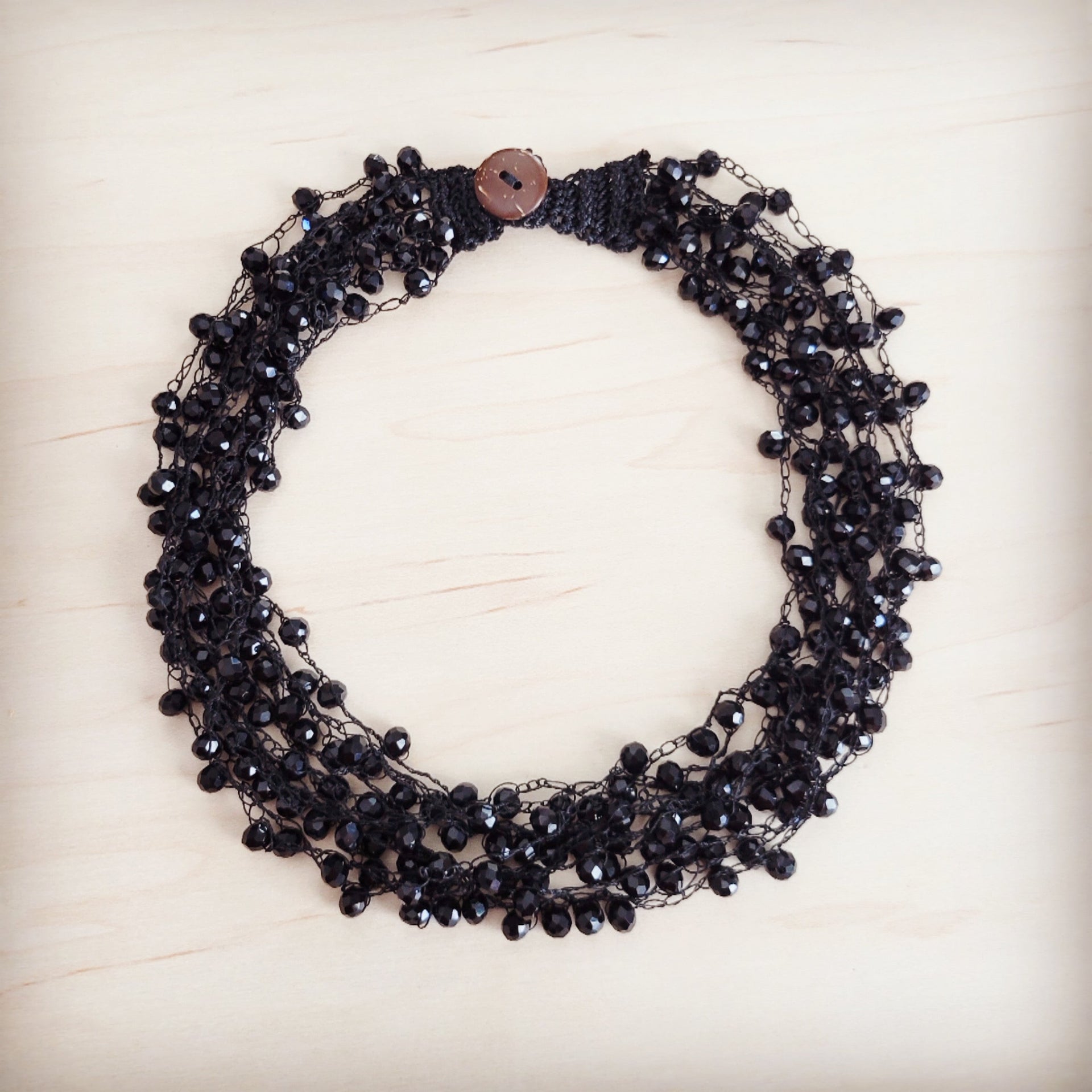 Black Crystal Cluster Statement Choker with Wooden Button - Image 4
