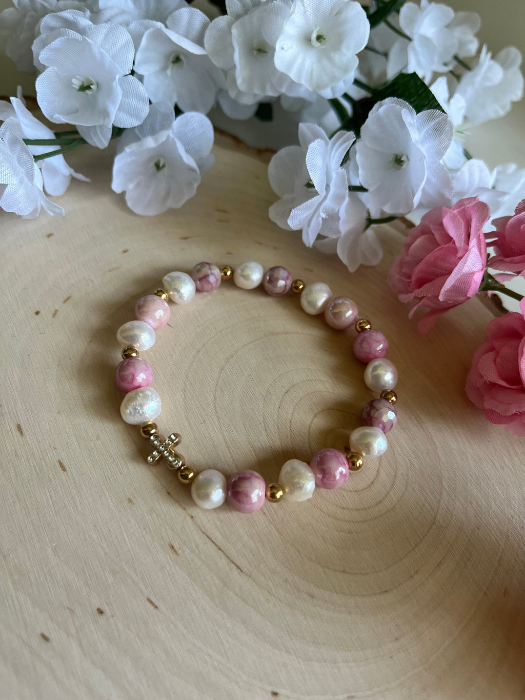 Pink Pearl Bead Gold Cross Bracelet – Christian Jewelry Gift for Her