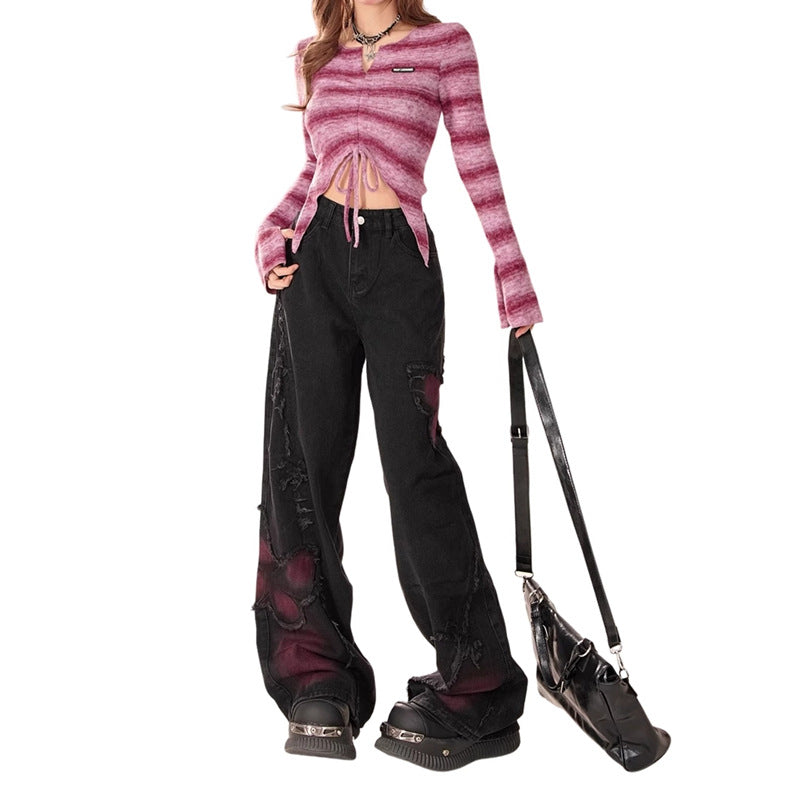 Washed Black Wide Leg Distressed Butterfly Denim Pants - Image 5