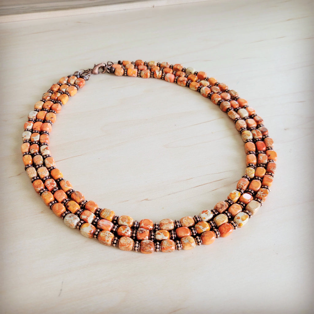 Triple Strand Layered Boho Orange Regalite Necklace 264n