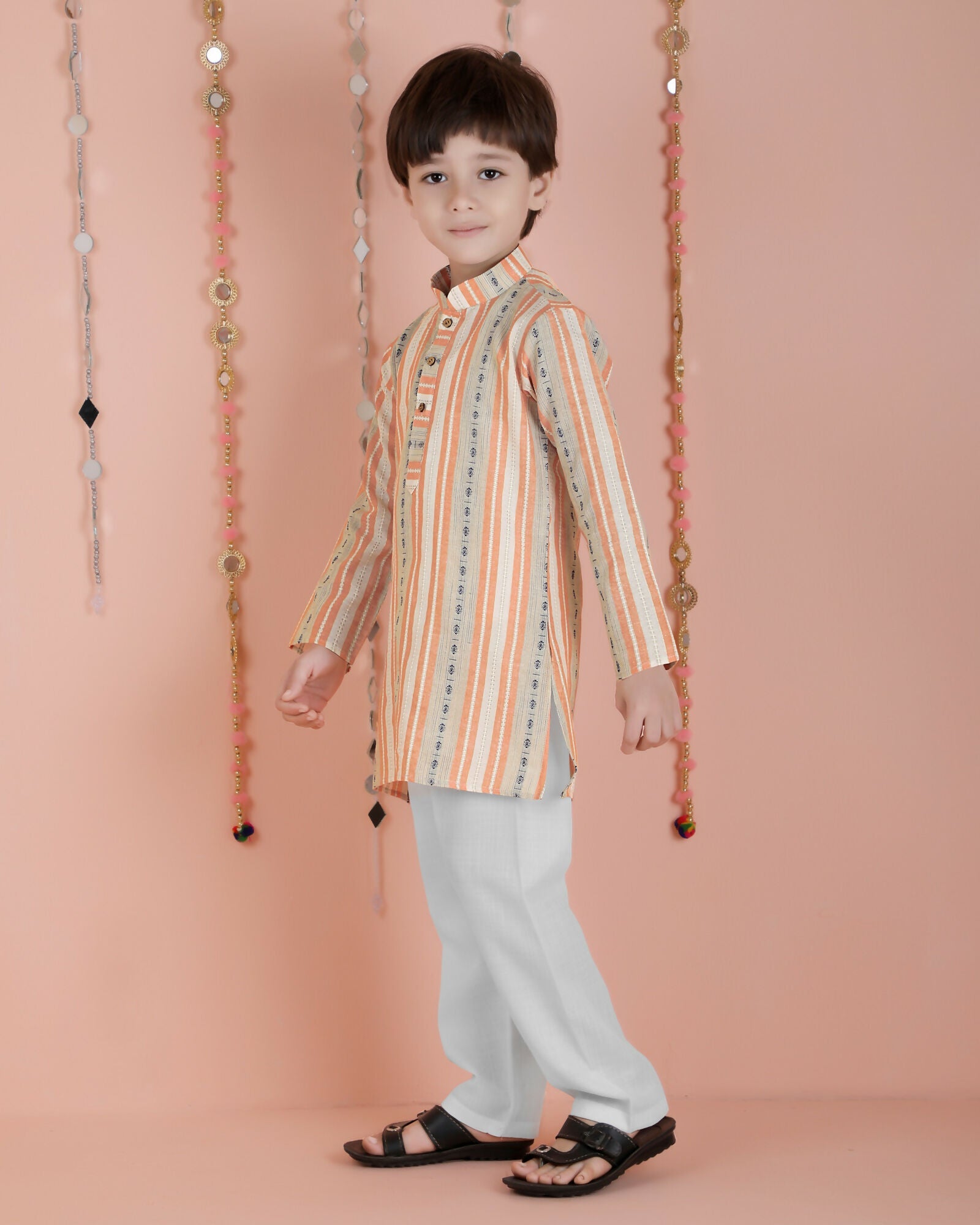 Kids Orange Striped Cotton Kurta and Pyjama Set - Full Sleeves