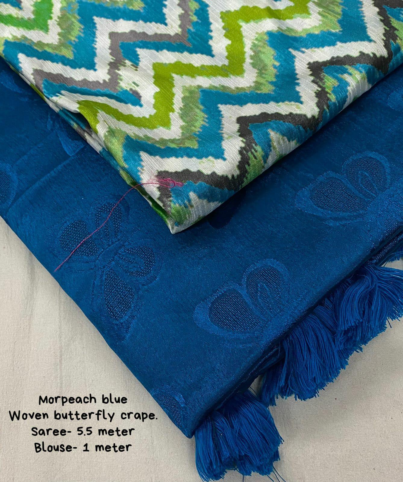 Blue Silk Blend Saree with Butterfly Motif and Printed Blouse