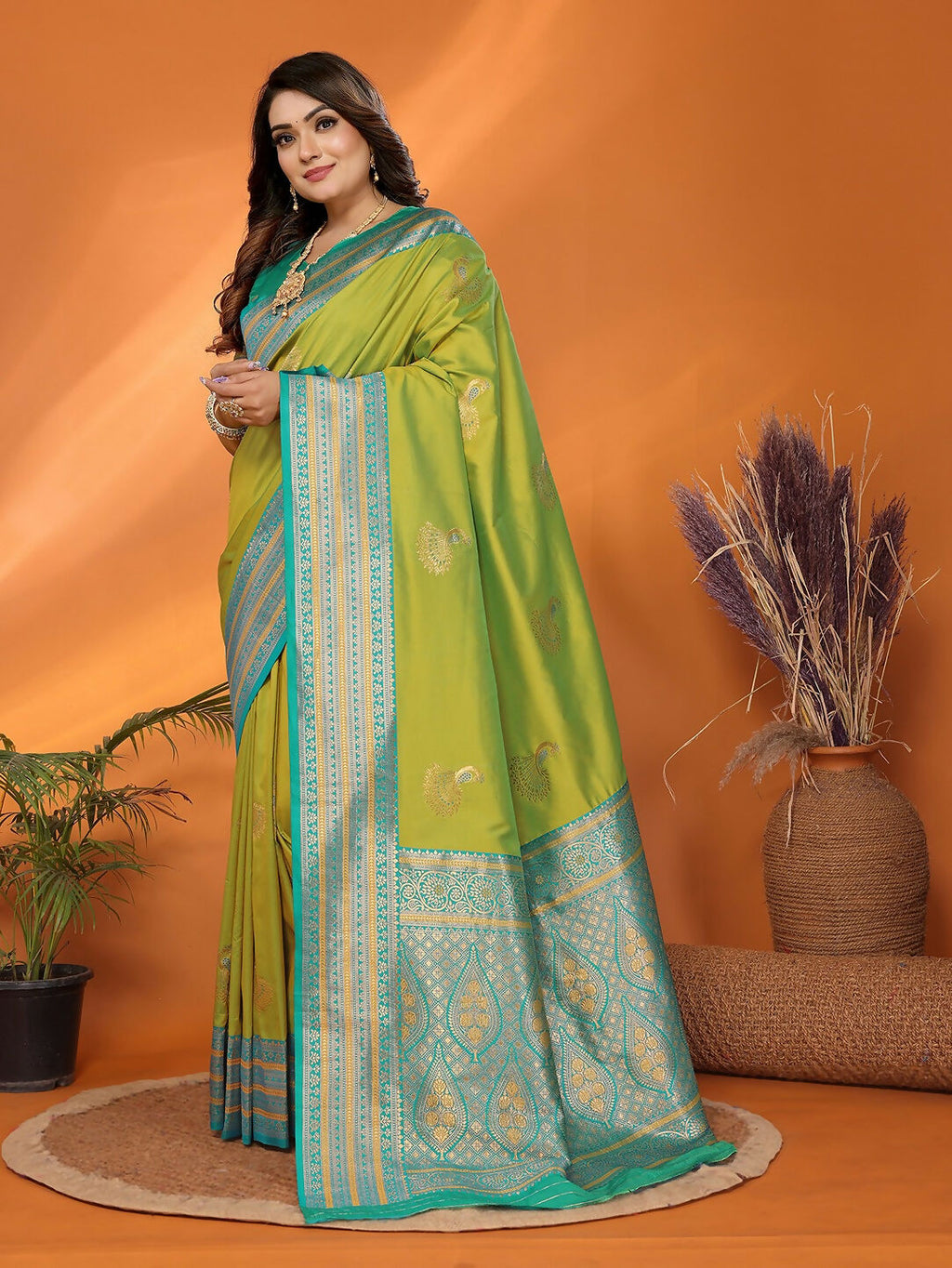 Light Green Banarasi Soft Silk Saree with Butti Work