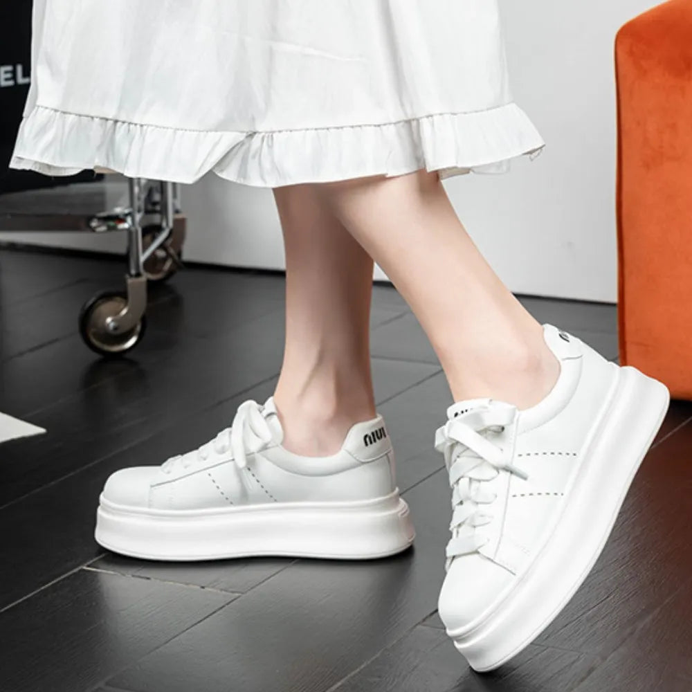 White Lace-Up Round Toe Platform Sneakers for Women - Image 3