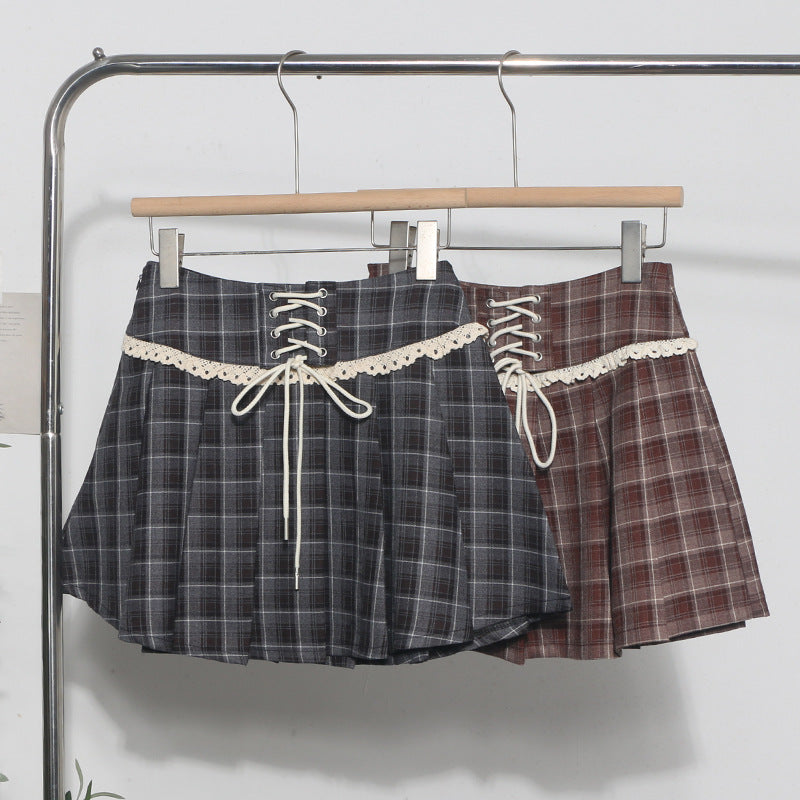 Checkered Pleated Mini Skirt with Decorative Lace-Up Detail - Image 3