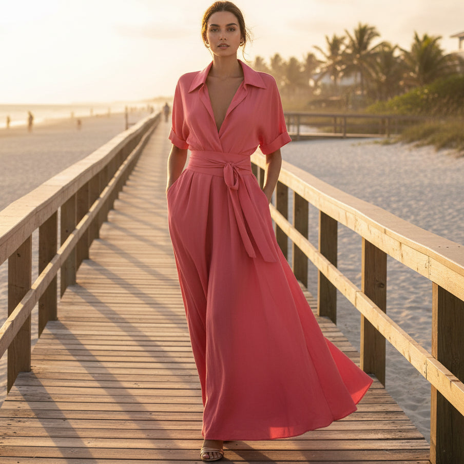 A woman wearing a solid-colored waist-slimming maxi dress with a flip collar and tie-waist detail in a sunny, minimalist setting.