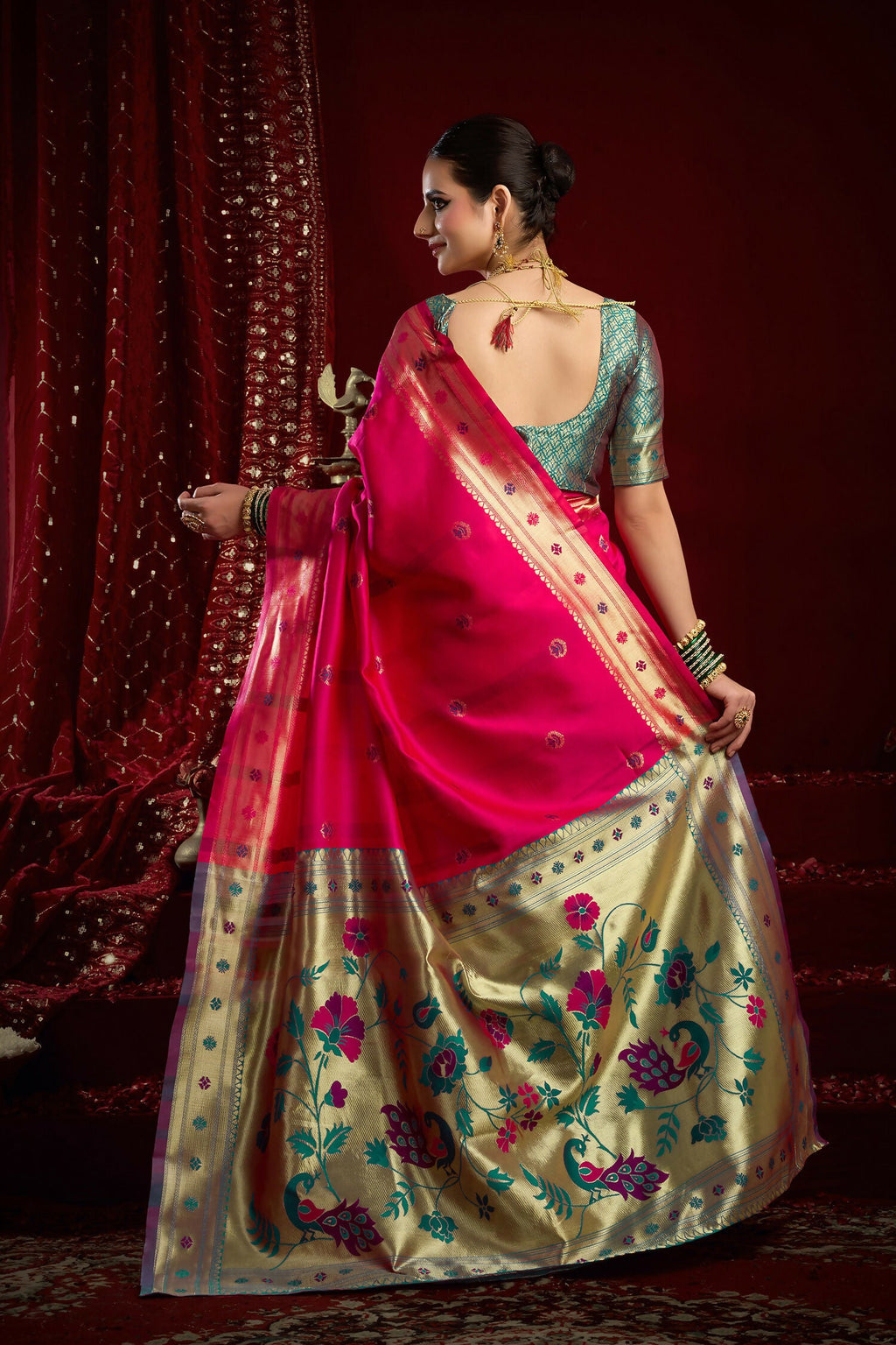 Pink Paithani Silk Blend Saree with Traditional Butti Work