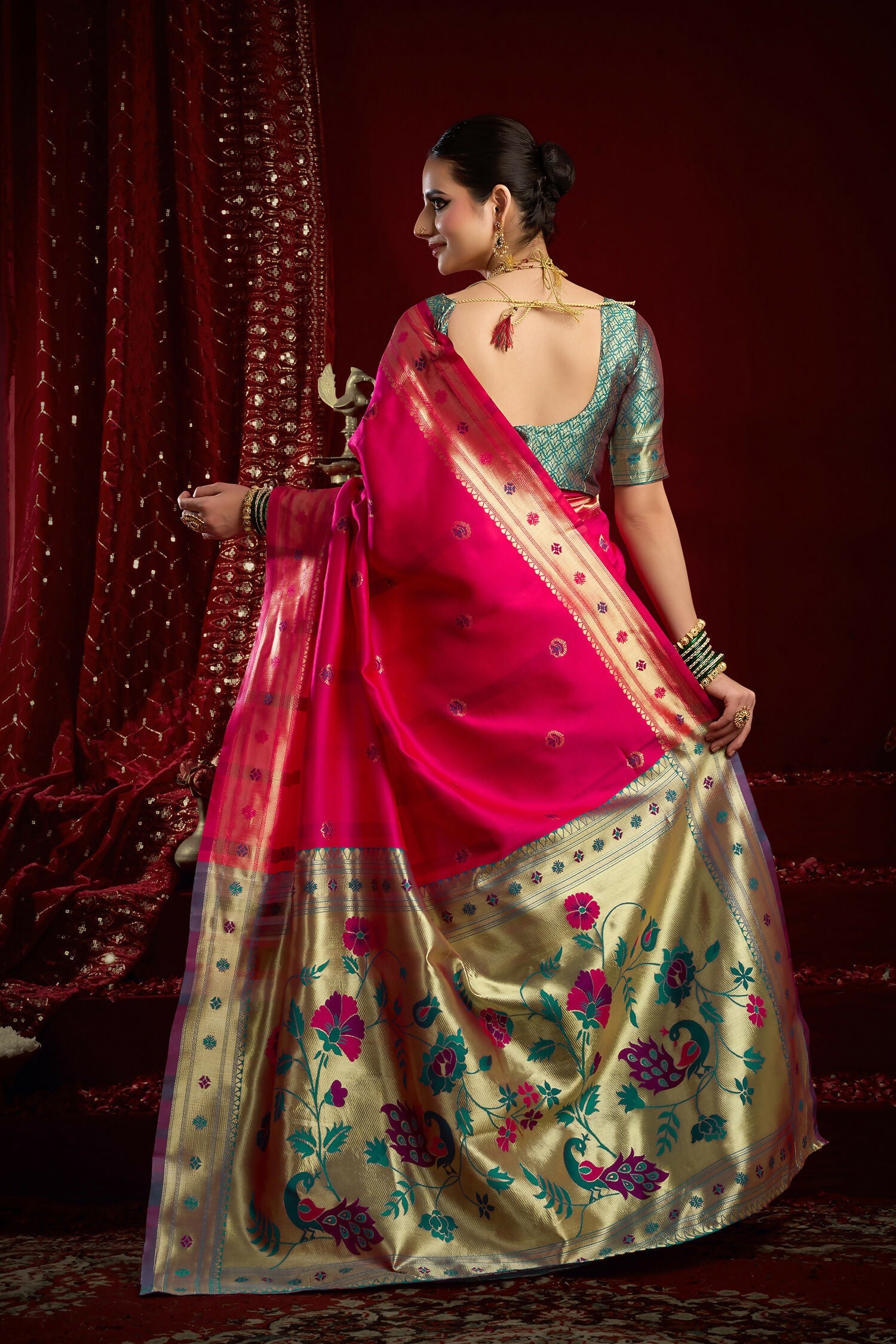 Pink Paithani Silk Blend Saree with Traditional Butti Work