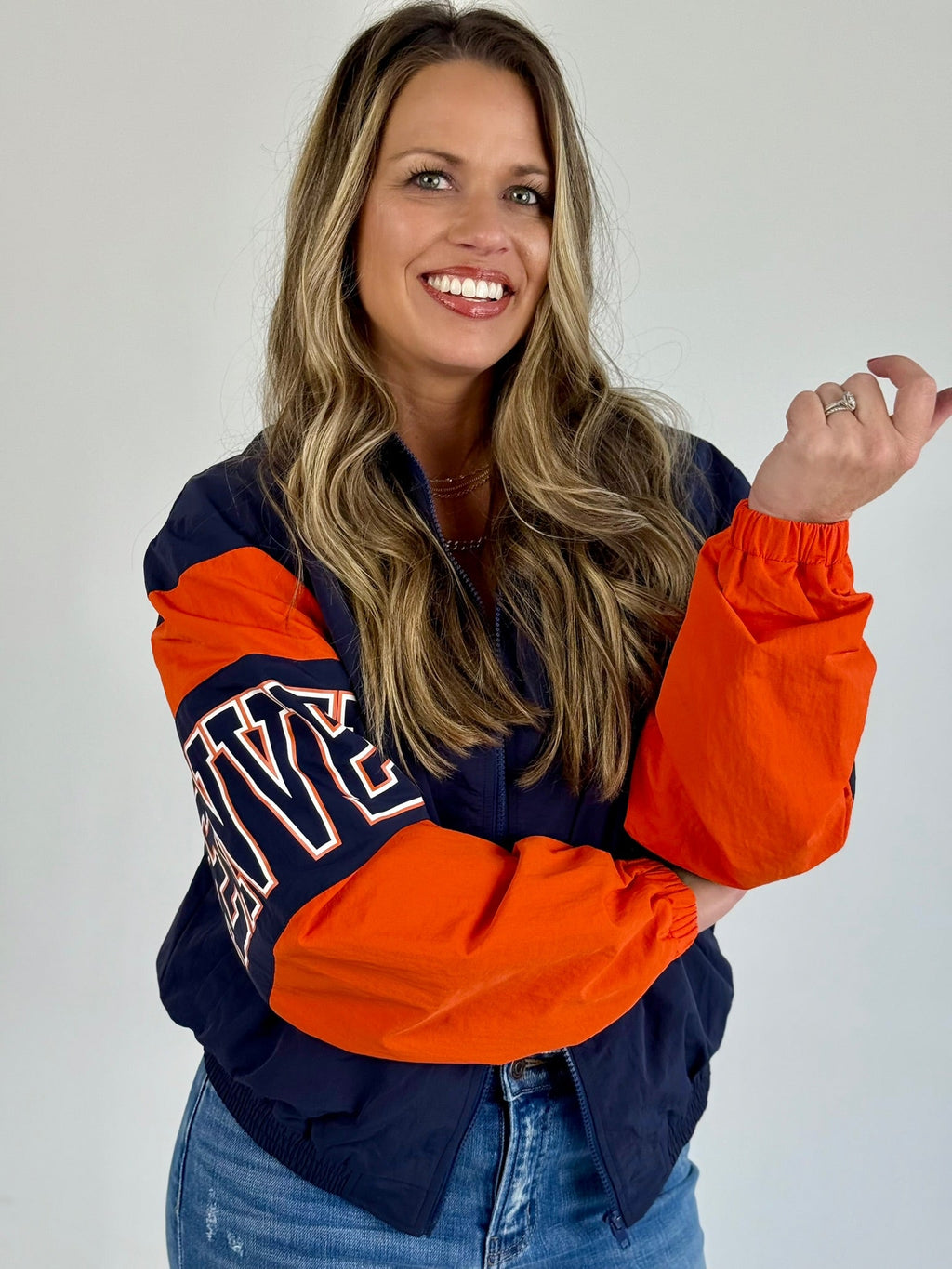 Denver Retro Jacket Women's Navy and Orange Sporty Bomber Zip-Up