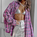 Versatile Pink Plaid Cotton Loose Fit Long Sleeve Button Shirt - Image 2