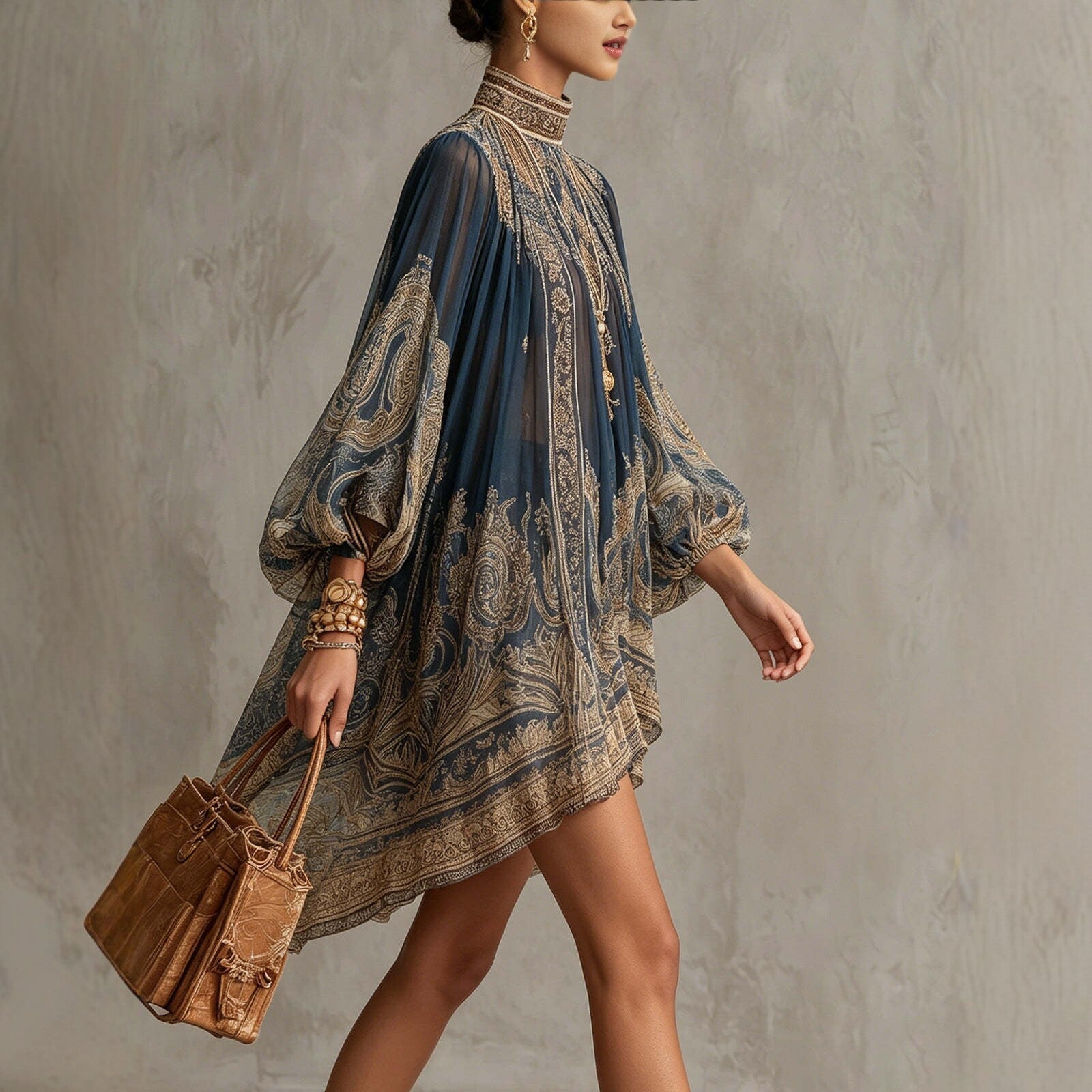 Navy Blue Printed Puff Sleeve Stand Collar Bohemian Midi Dress