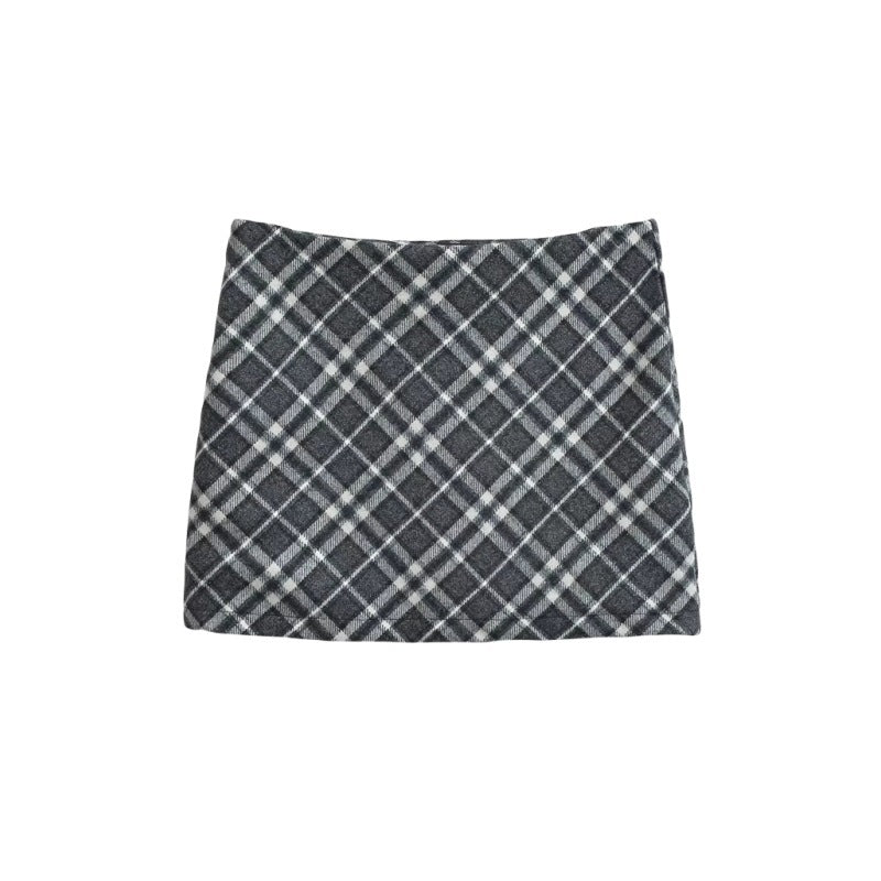 A high-waisted plaid woolen mini pencil skirt in dark grey, white, and olive green. The skirt features a classic tartan pattern and a fitted, straight silhouette, shown both flat lay and on a model.