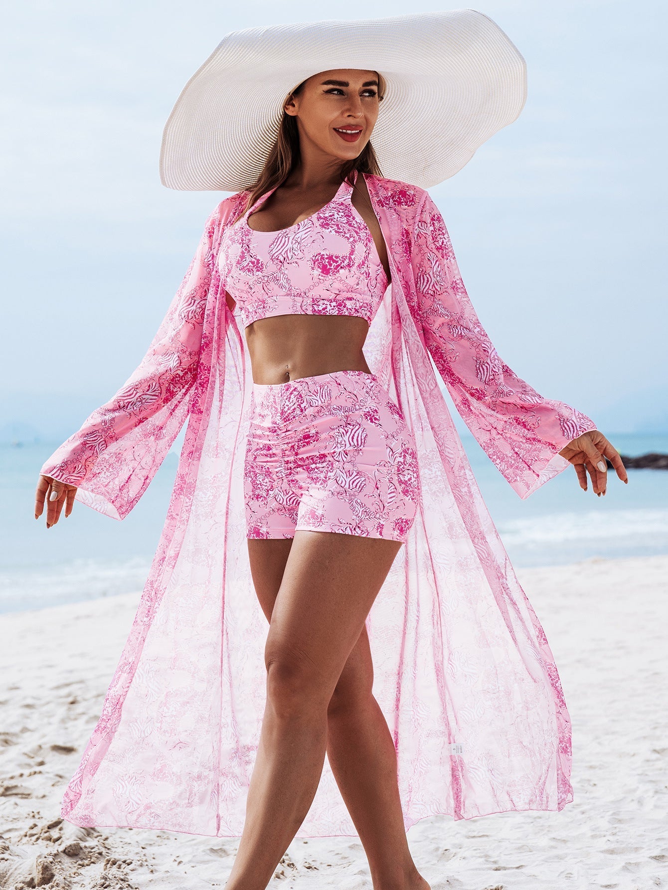 Multi-Color Print Padded Three-Piece Bikini Set for Women