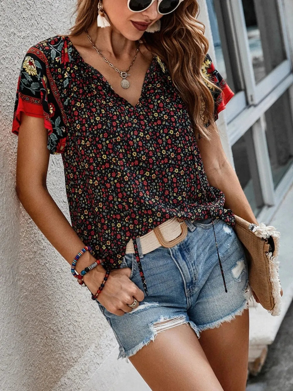 Printed Tie Neck Short Sleeve Blouse – Feminine Everyday Style