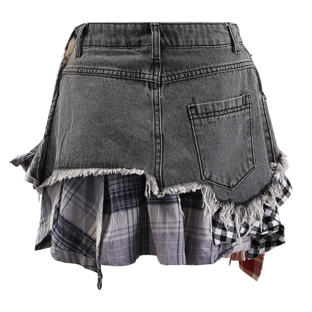 Women's Harajuku Irregular Plaid Denim Patchwork Mini Skirt - Image 6