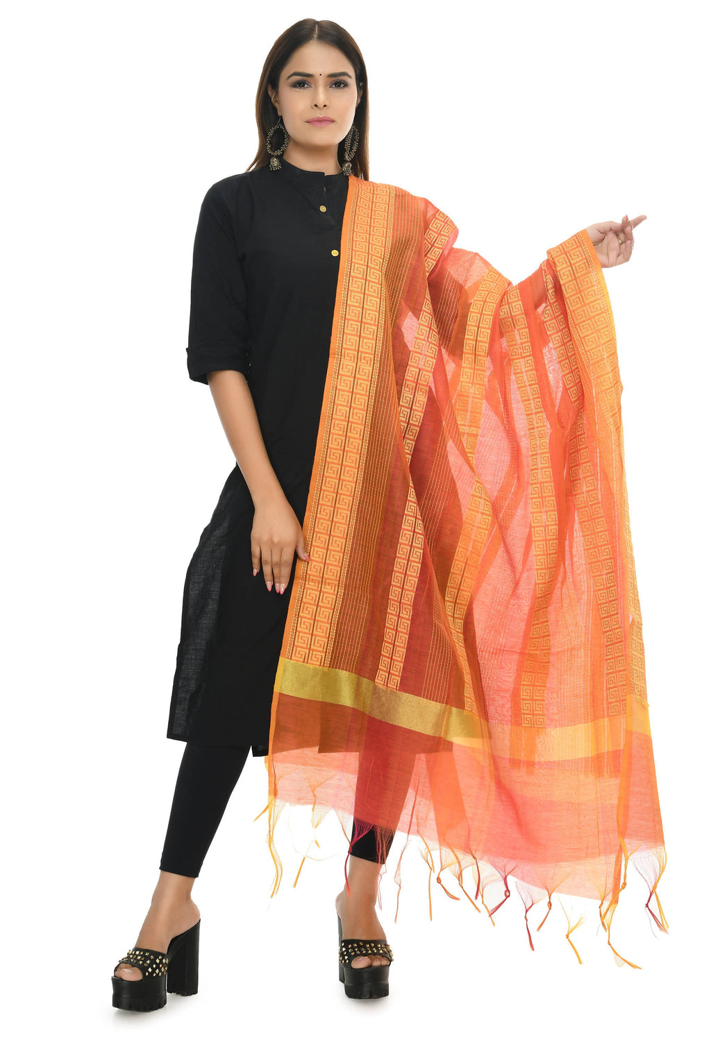 Orange Tone Handloom Cotton Dupatta - Traditional Ethnic Stole