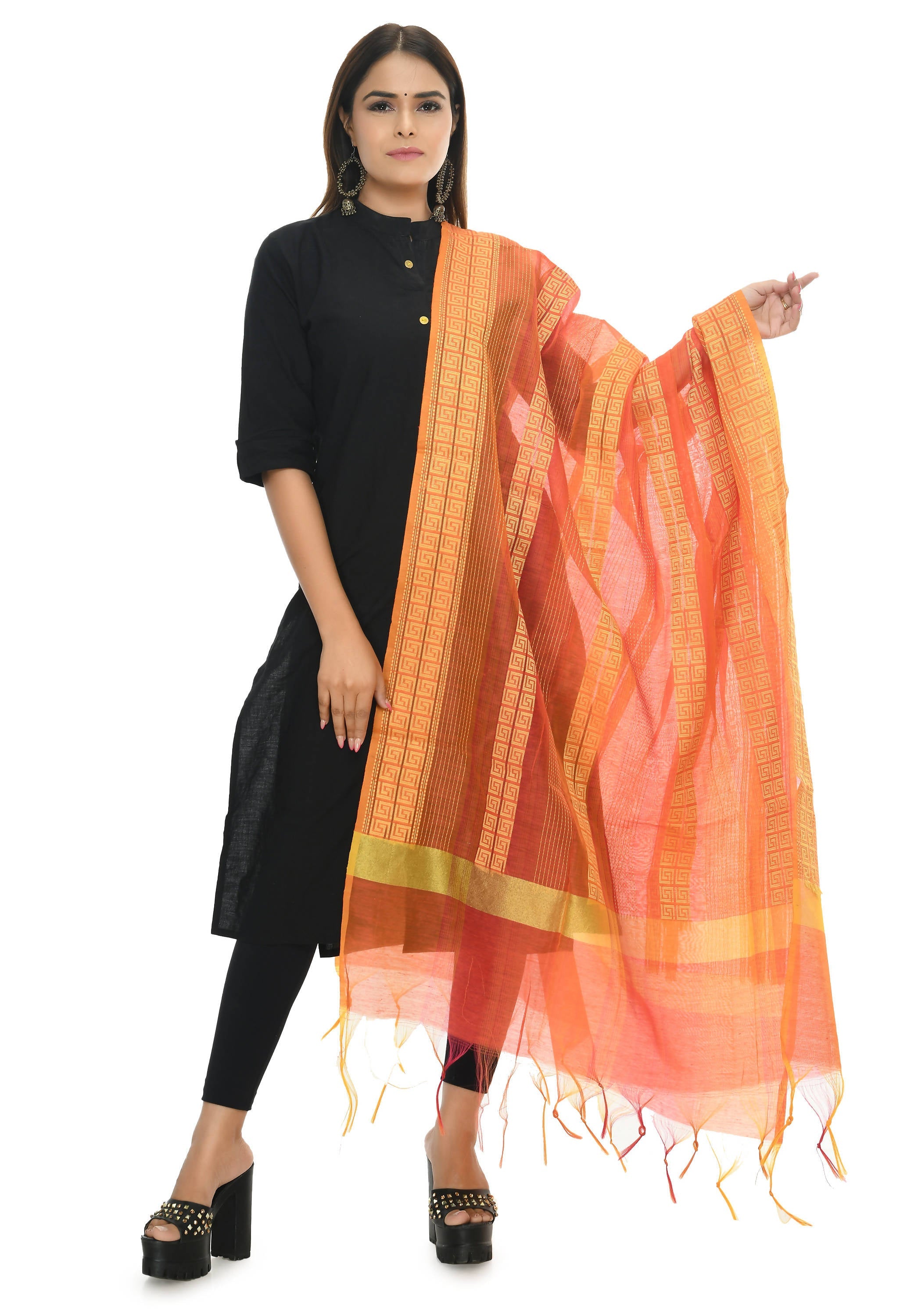 Orange Tone Handloom Cotton Dupatta - Traditional Ethnic Stole