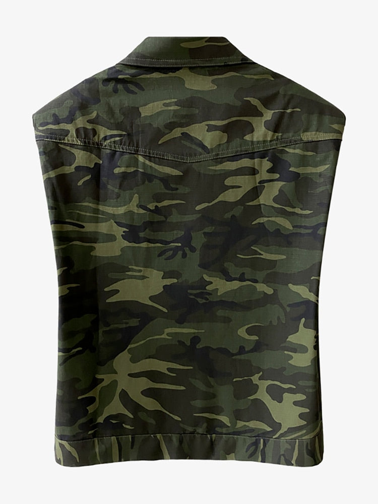 Women's Camouflage Denim Vest - Sleeveless, Zip-Front, Utility - Image 2