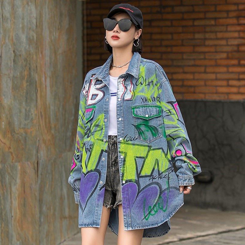 Women's Oversized Graffiti Denim Jacket - Casual Street Style Blue - Image 5