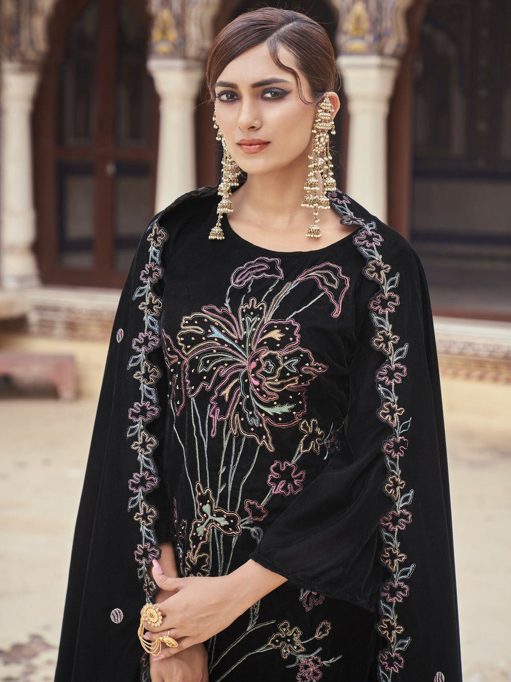 Black Velvet Straight Kurta Set with Resham Thread, Jari & Sequin