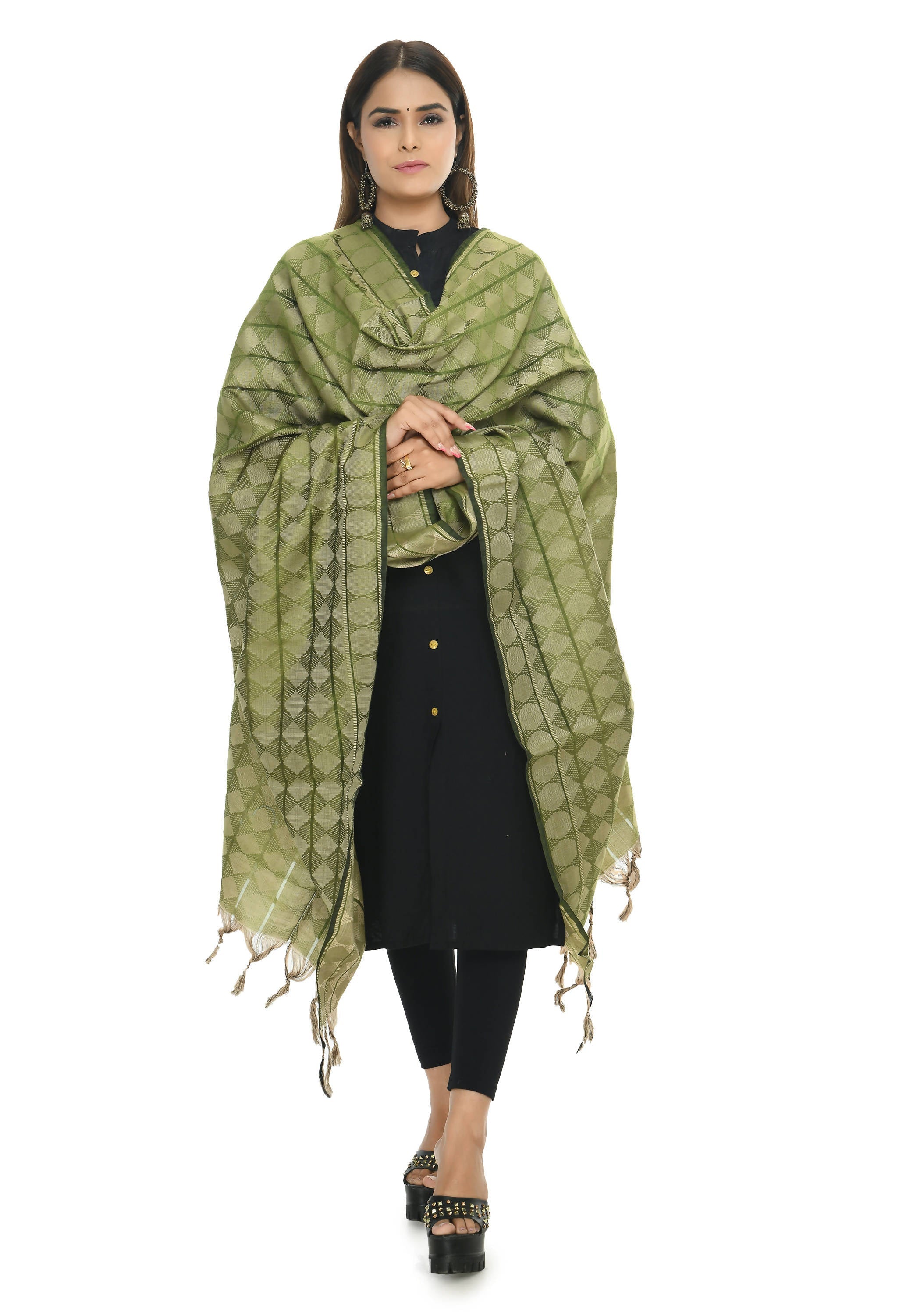 Mehendi Green handloom cotton dupatta with a classic weave texture.
