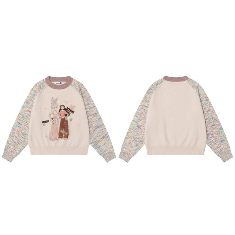 Women's Beige Multicolor Graphic Knit Round Neck Sweater