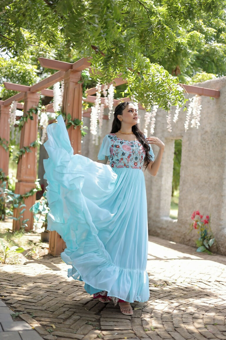 Women's Sky Blue Sequins Embroidered Faux Georgette Anarkali Dress