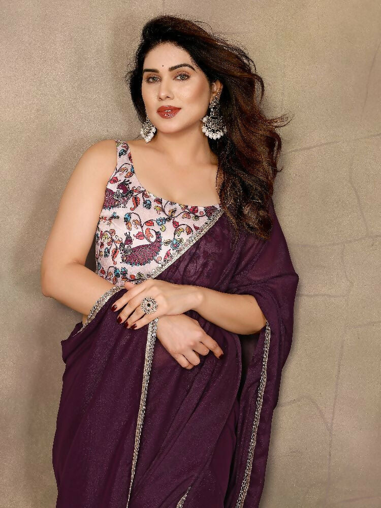 Wine Star Georgette Saree with Mirror Border and Blouse