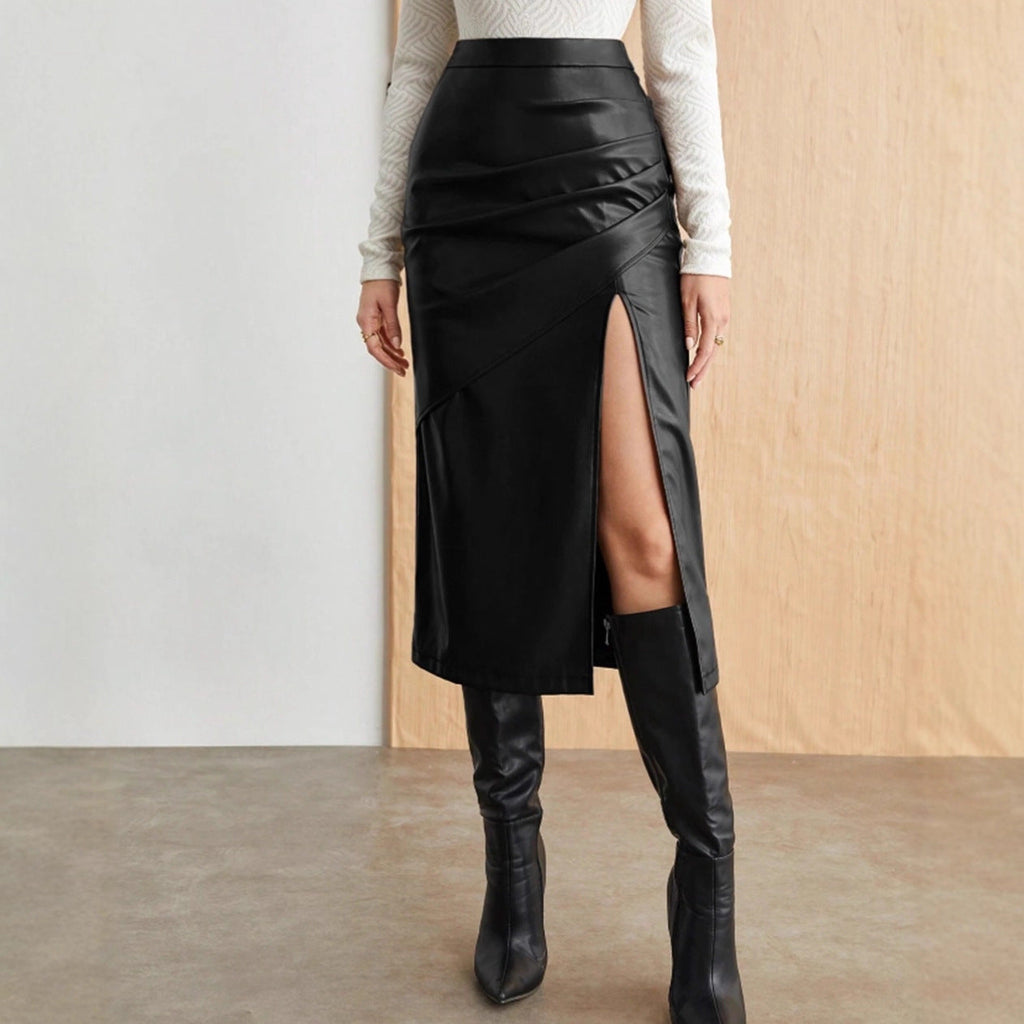 Solid High-Waisted Faux Leather Split Midi Skirt - Image 2