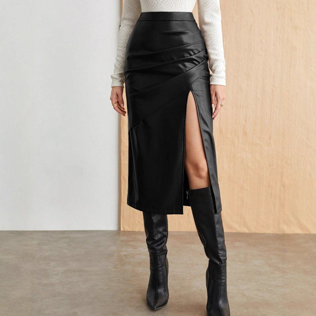Solid High-Waisted Faux Leather Split Midi Skirt - Image 2