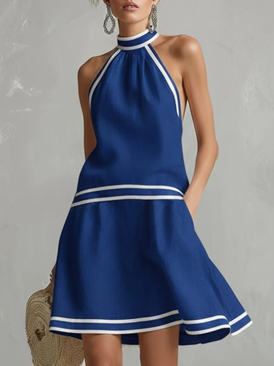Striped Trim Choker Neck Sleeveless Mini Dress for Women