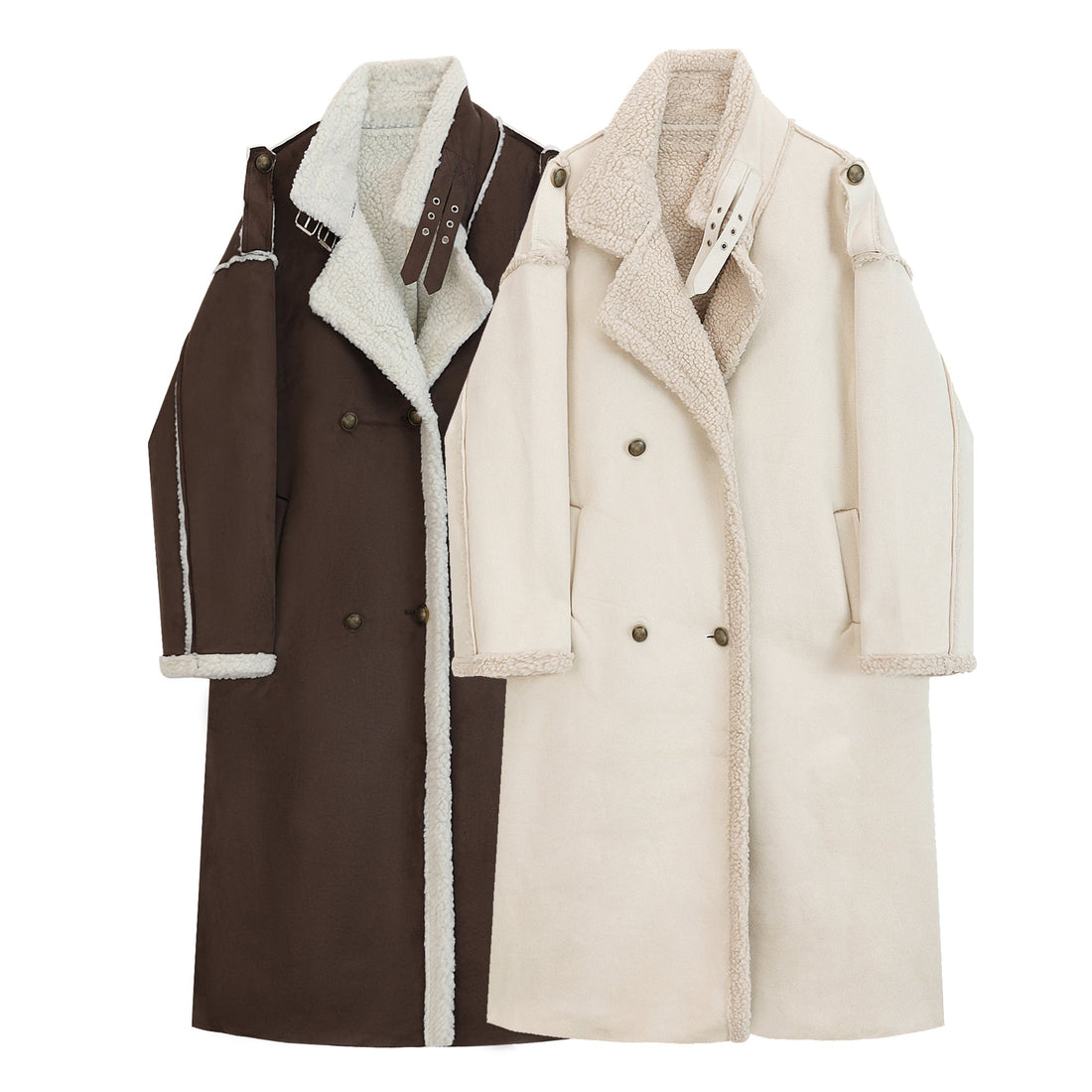 A stylish brown and cream-colored mid-length faux lamb wool coat featuring a double-breasted design and buckle details.