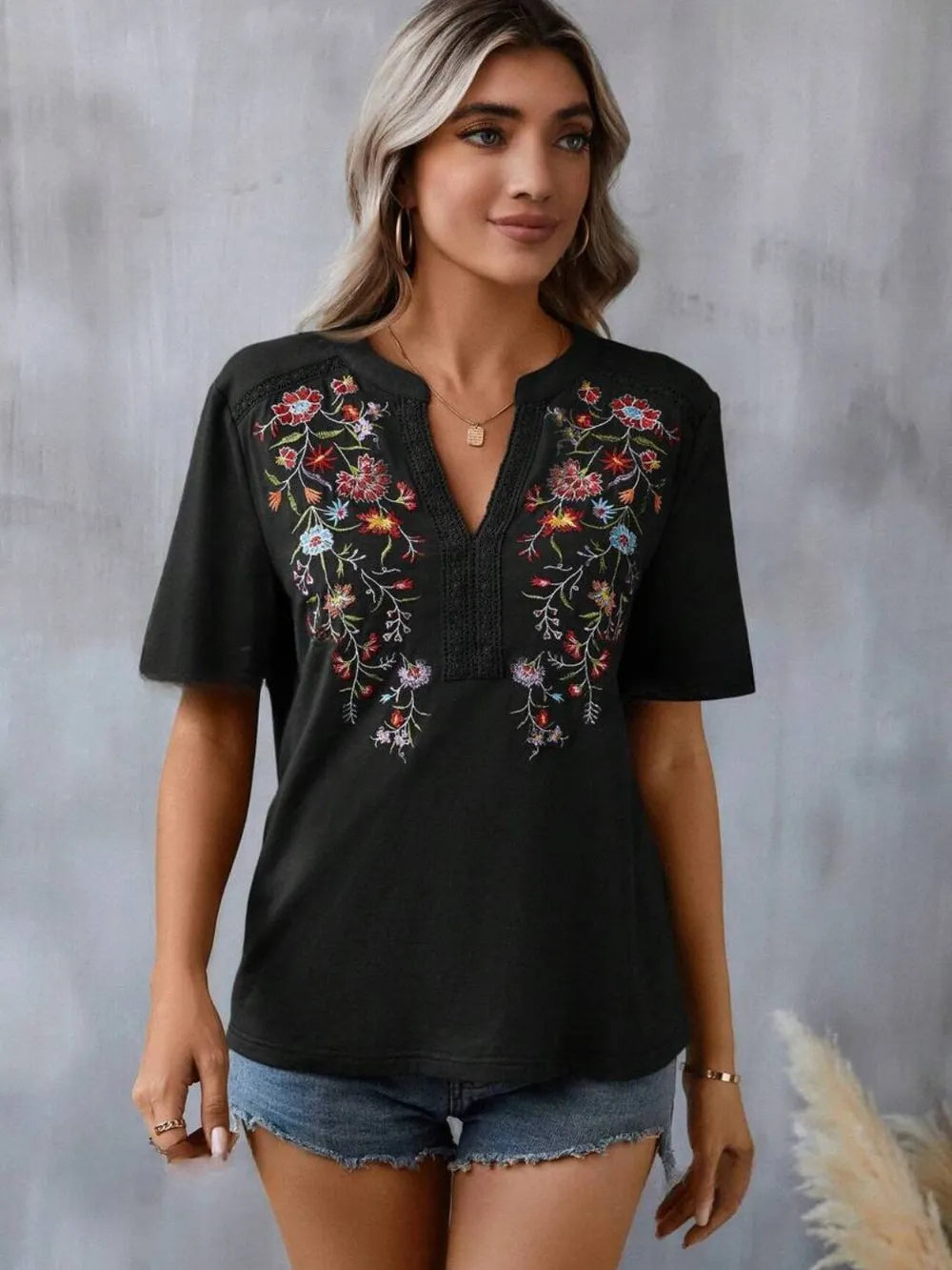 Boho Floral Embroidered Notched V-Neck Lace Trim Top