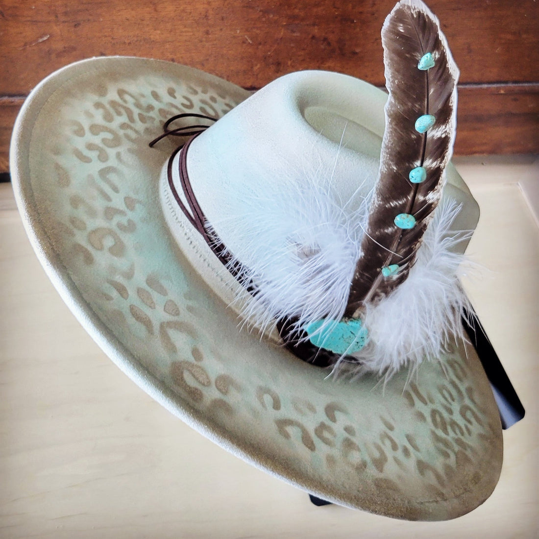 Hand-Painted Mint Leopard Boho Western Cowgirl Hat - Image 3