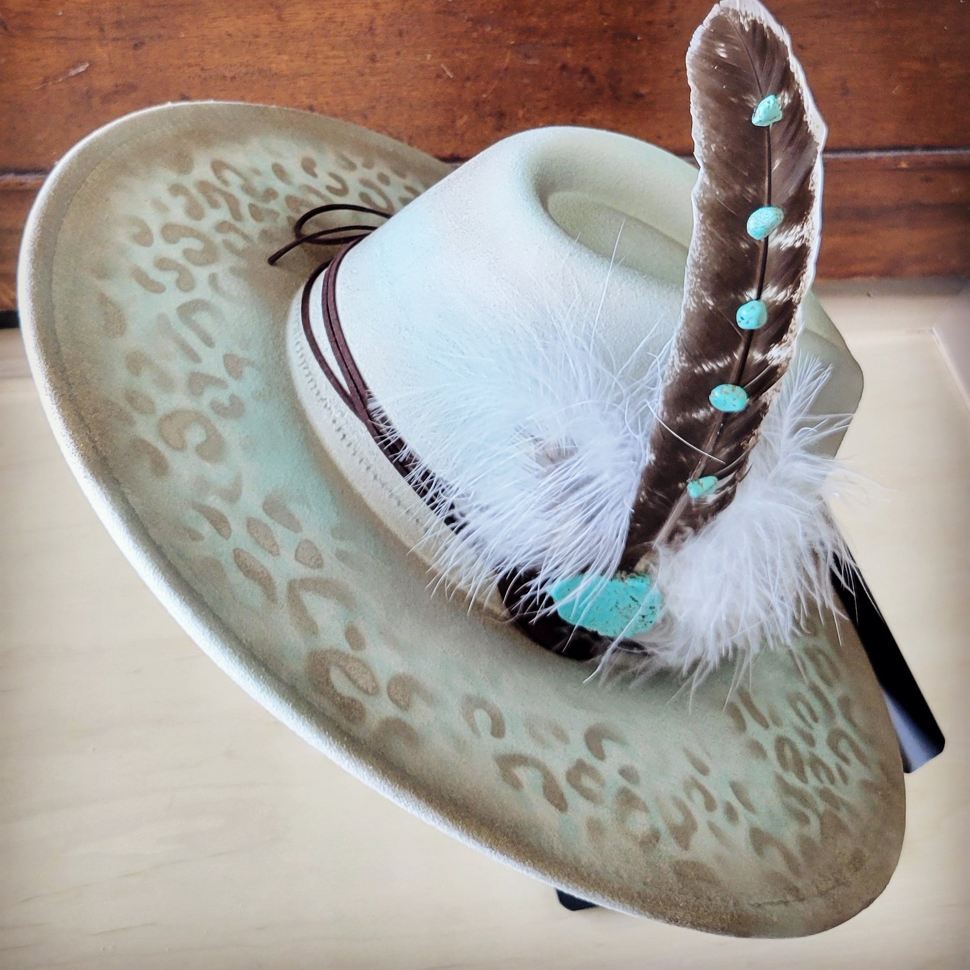 Hand-Painted Mint Leopard Boho Western Cowgirl Hat - Image 3