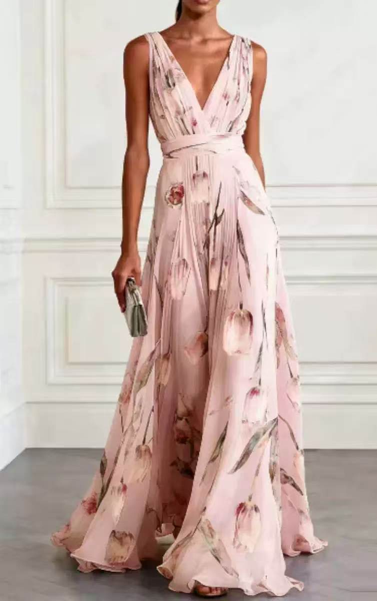 Women's Tulip Print Sleeveless Deep V-Neck A-Line Maxi Dress - Image 7