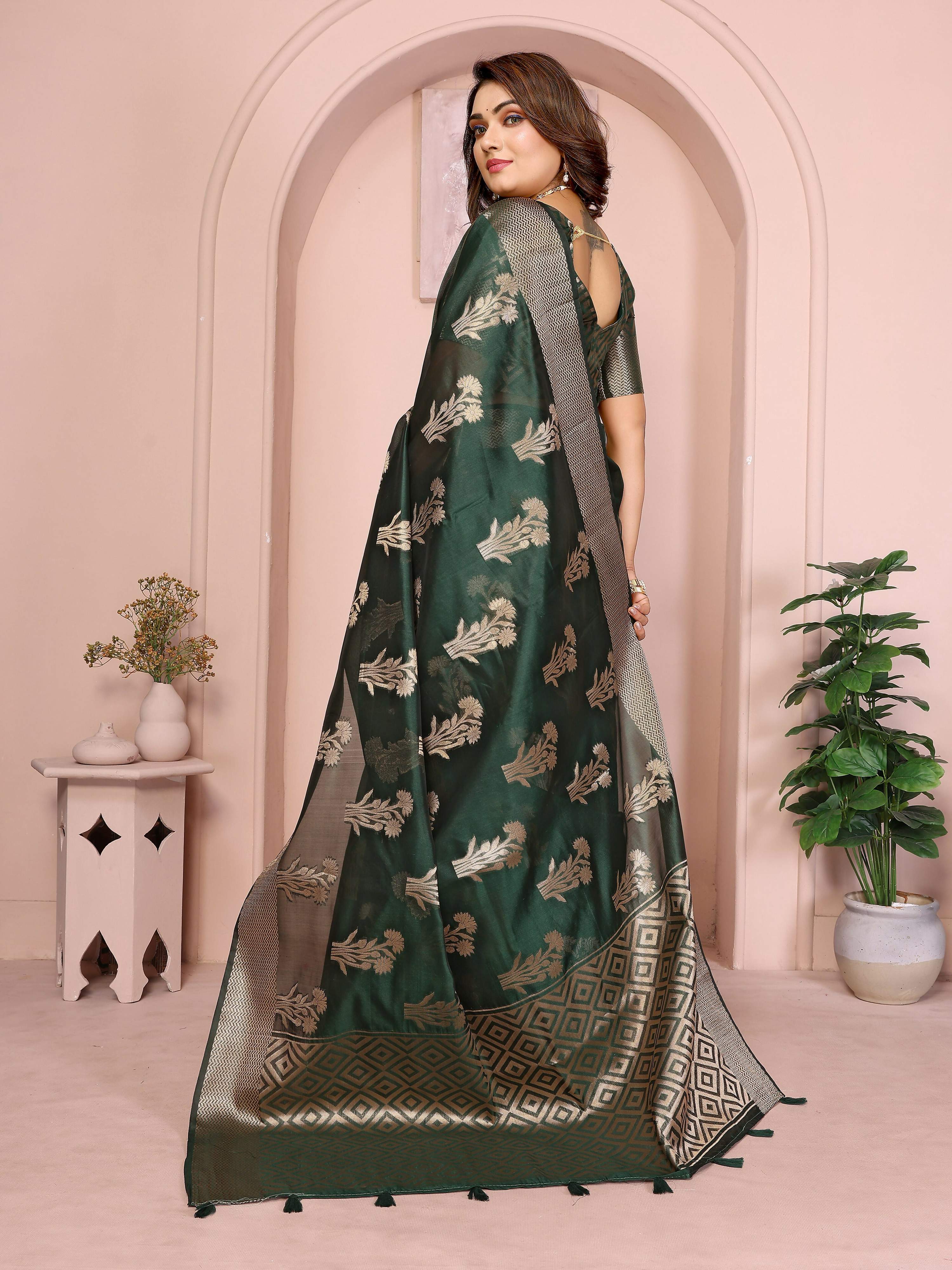 Dark Green Soft Organza Silk Saree with Weaving Work