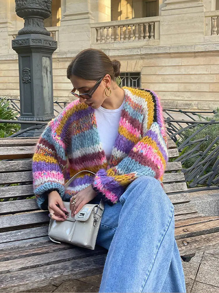 Women Striped Crochet Cardigan Playful Colorful Knit Sweater - Image 4