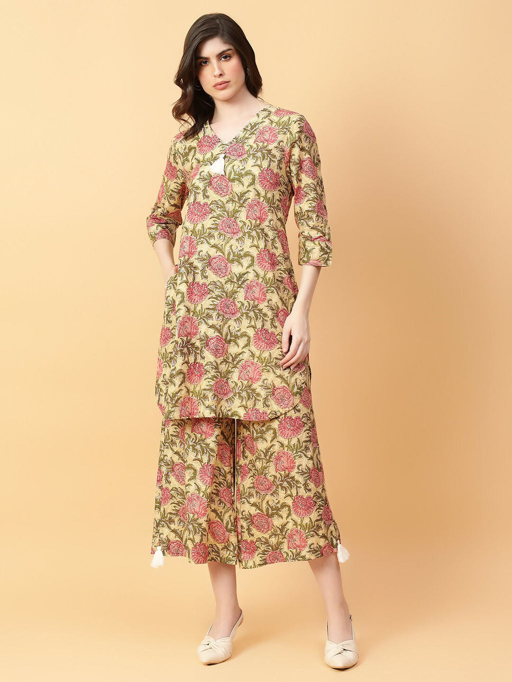 Beige Cotton Printed Hand Work Co-Ord Set for Women