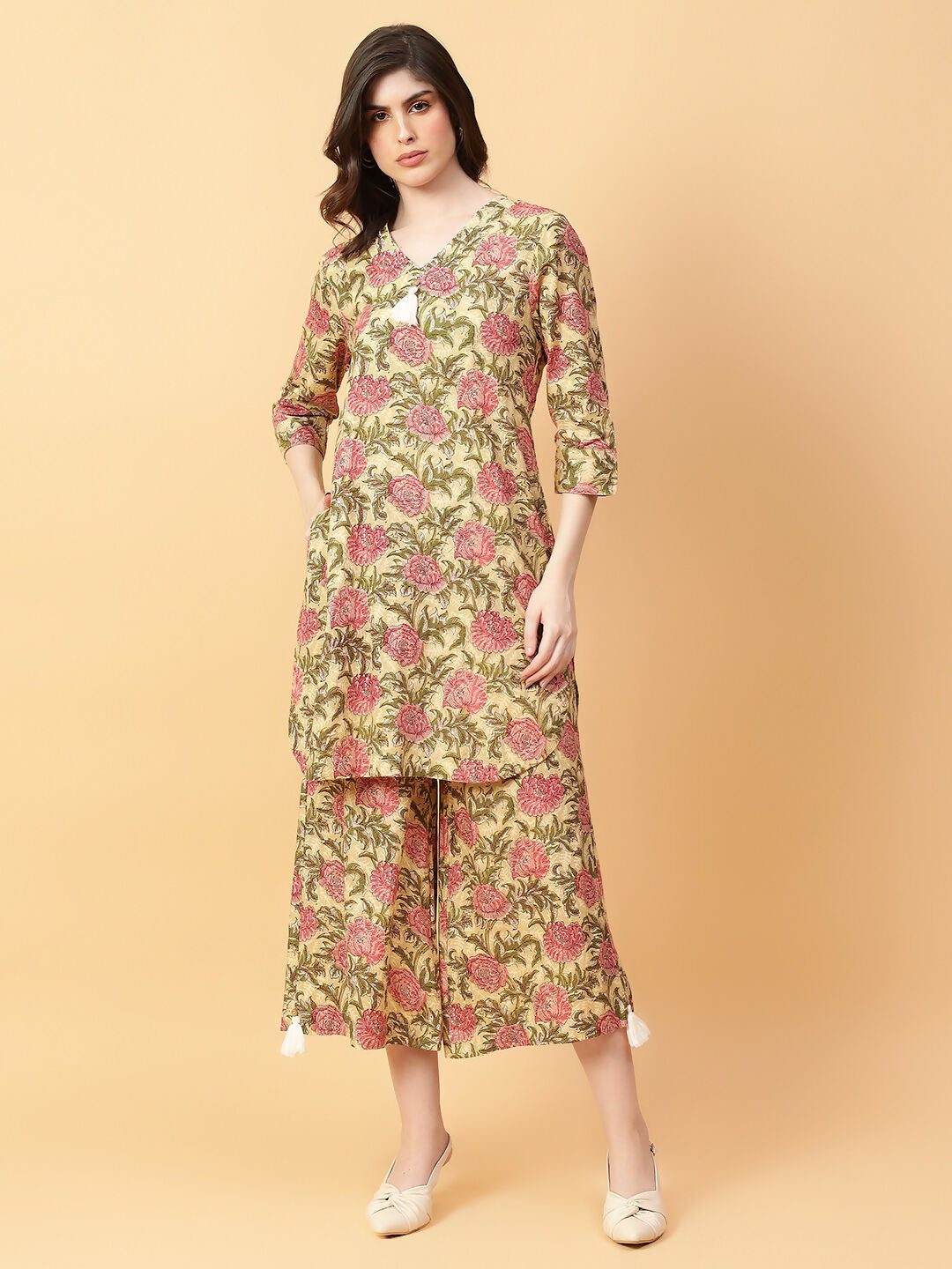 Beige Cotton Printed Hand Work Co-Ord Set for Women