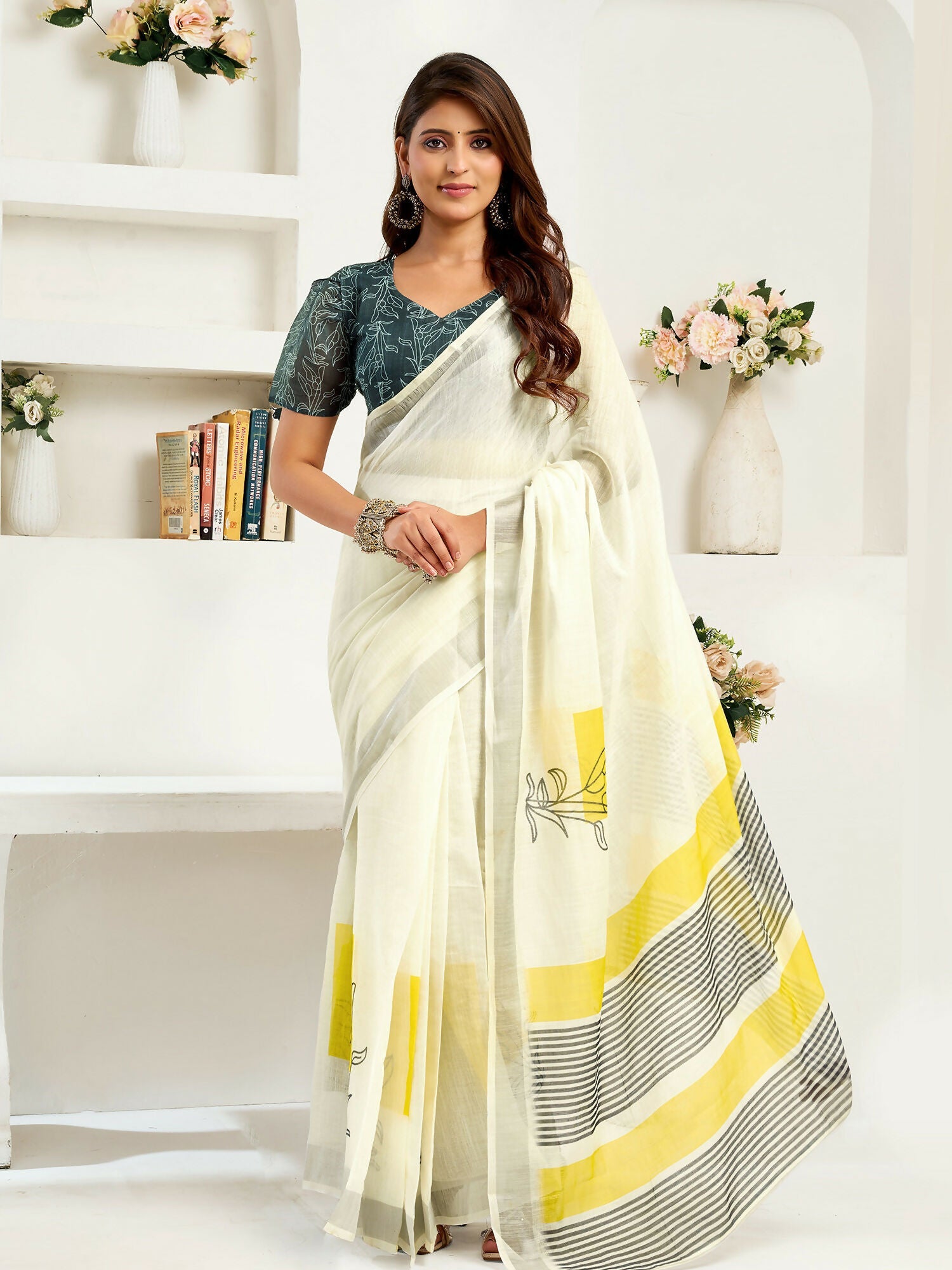Off-White Striped Linen Ready To Wear Saree with Contrast Blouse
