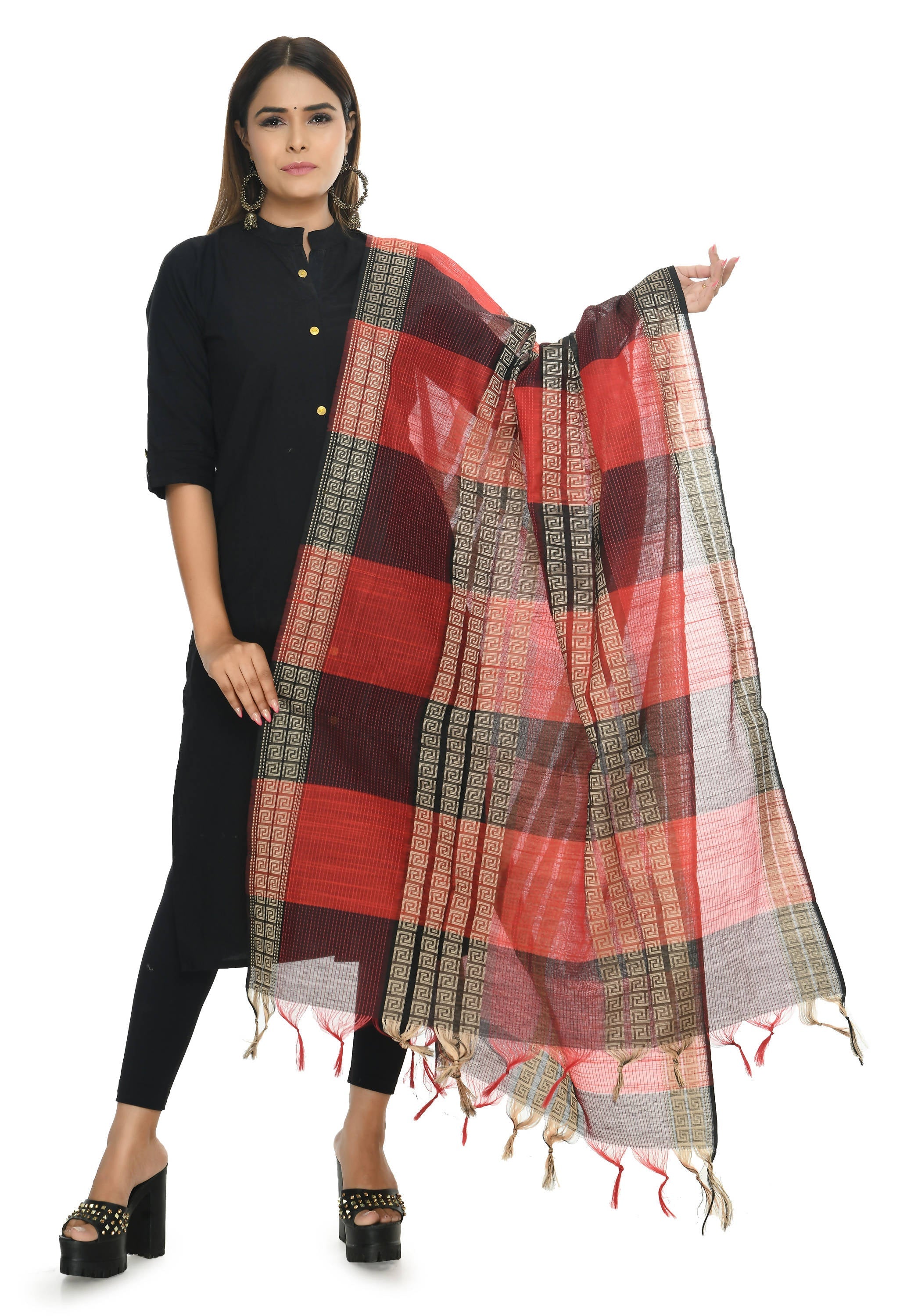 Red Tone Handloom Cotton Dupatta - Soft Ethnic Stole