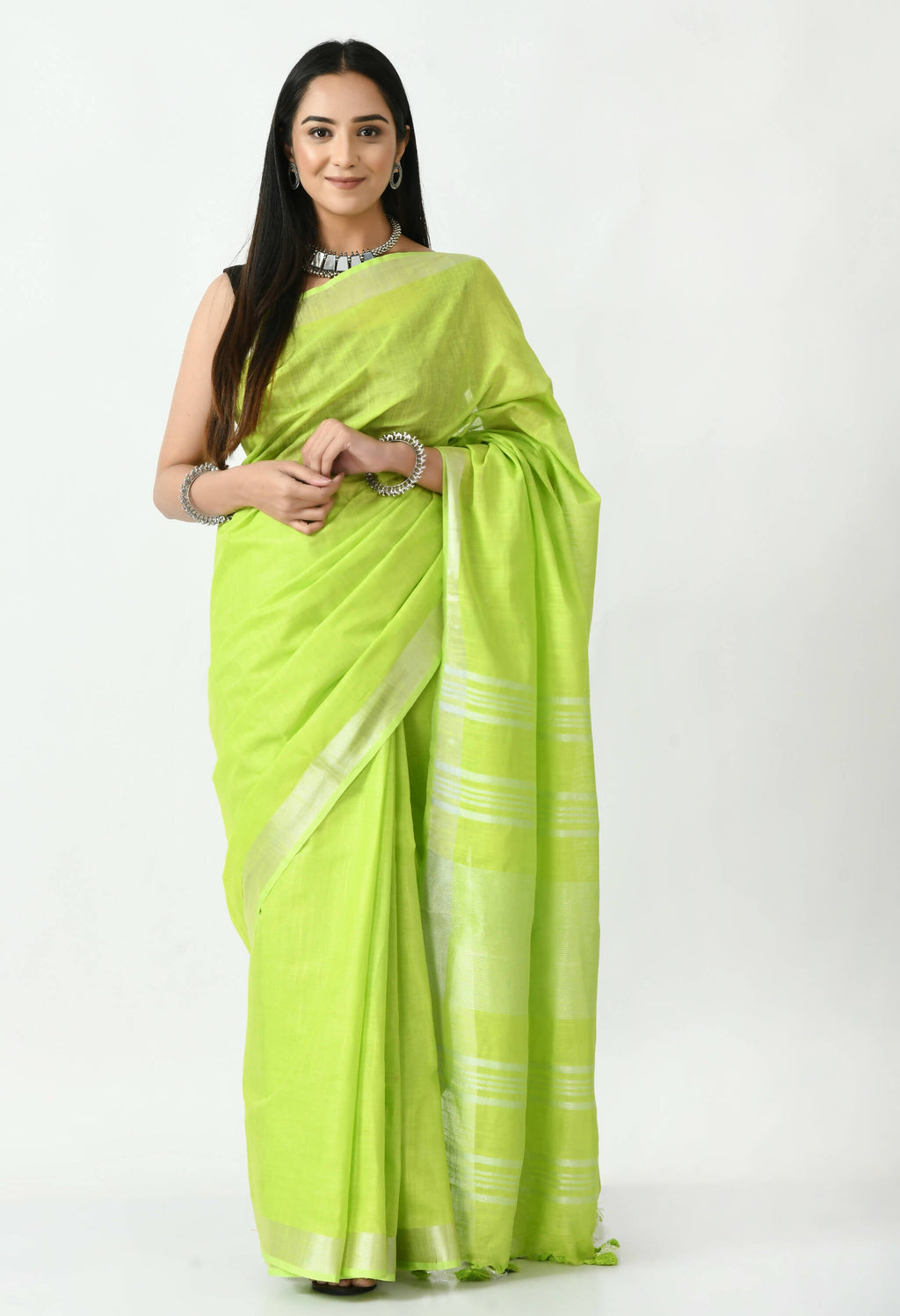Parrot Green Bhagalpuri Silk Linen handloom saree with silver border details
