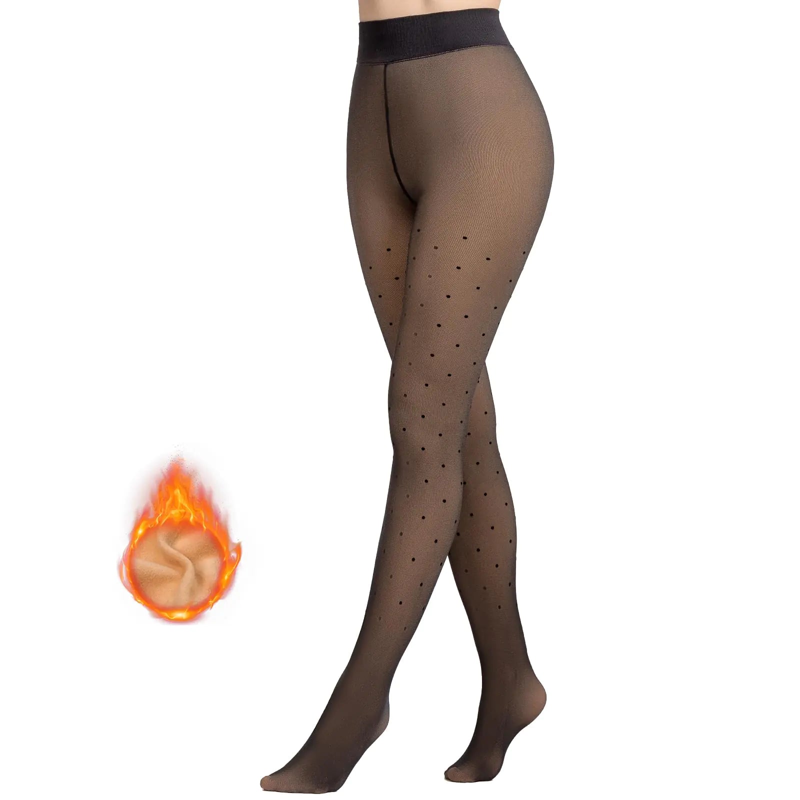 MANZI Womens Polka Dots Fleece Lined Faux Sheer Black Warm Tights Patterned Fake Translucent Winter High Waisted Thick Thermal Stockings L/XL