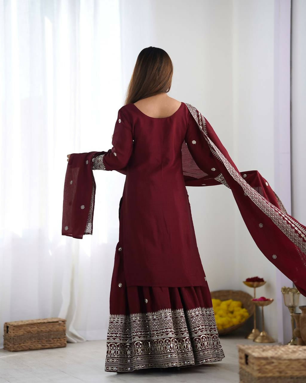 Maroon Silk Kurta Set with Sequins, Zari, and Thread Embroidery