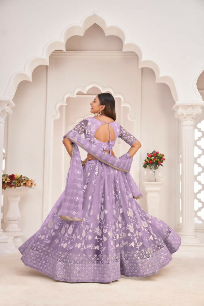 Lavender Butterfly Net Lehenga with White Cotton Thread and Zari Work