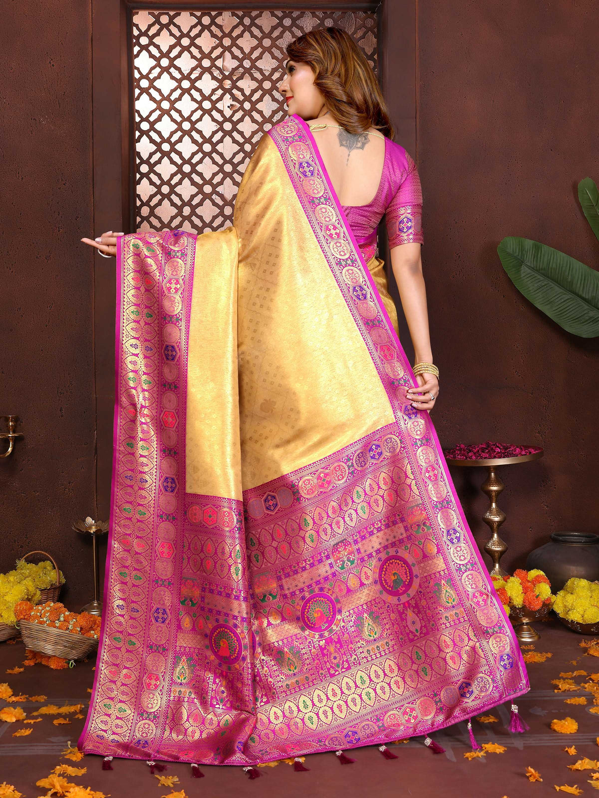 Yellow Tissue Silk Weaving Saree with Elegant Traditional Drape