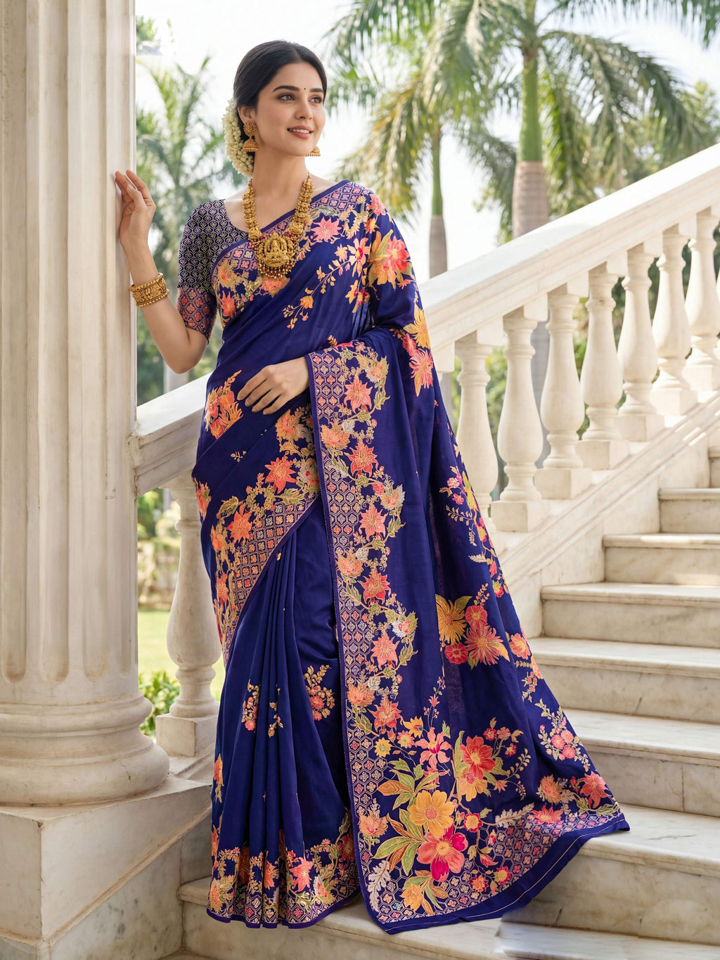 Royal Blue Premium Russian Silk Floral Print Saree