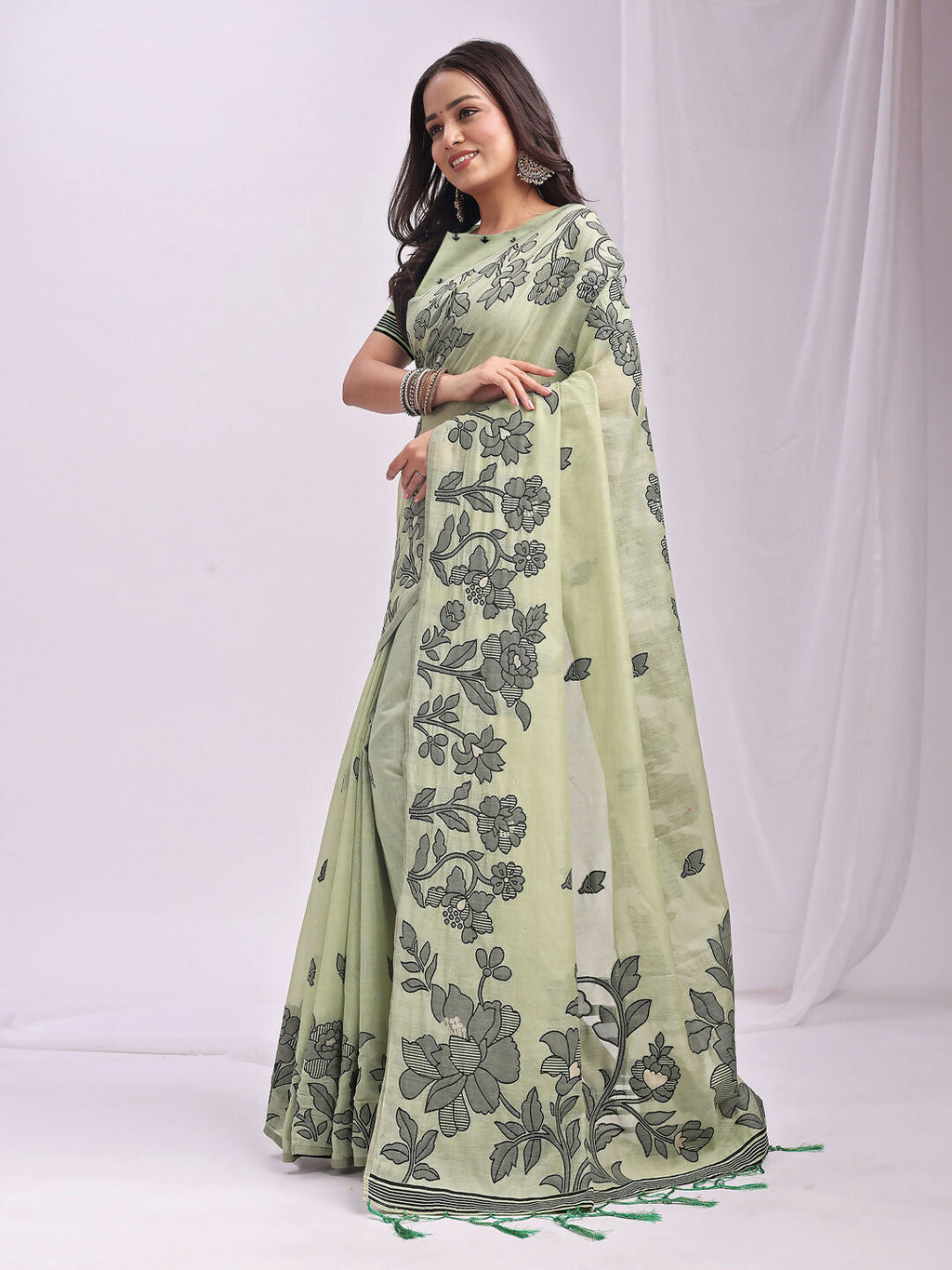 Kashira Light Green Linen Cotton Saree with Blouse Piece